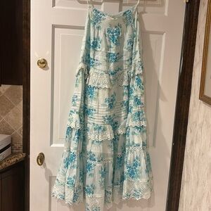 Loveshack Fancy long flowy lace trim printed blue floral skirt w/slit xs nwt